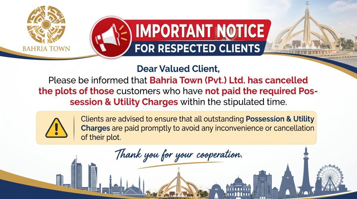 Bahria Town Plot Cancellations Regarding Unpaid Charges